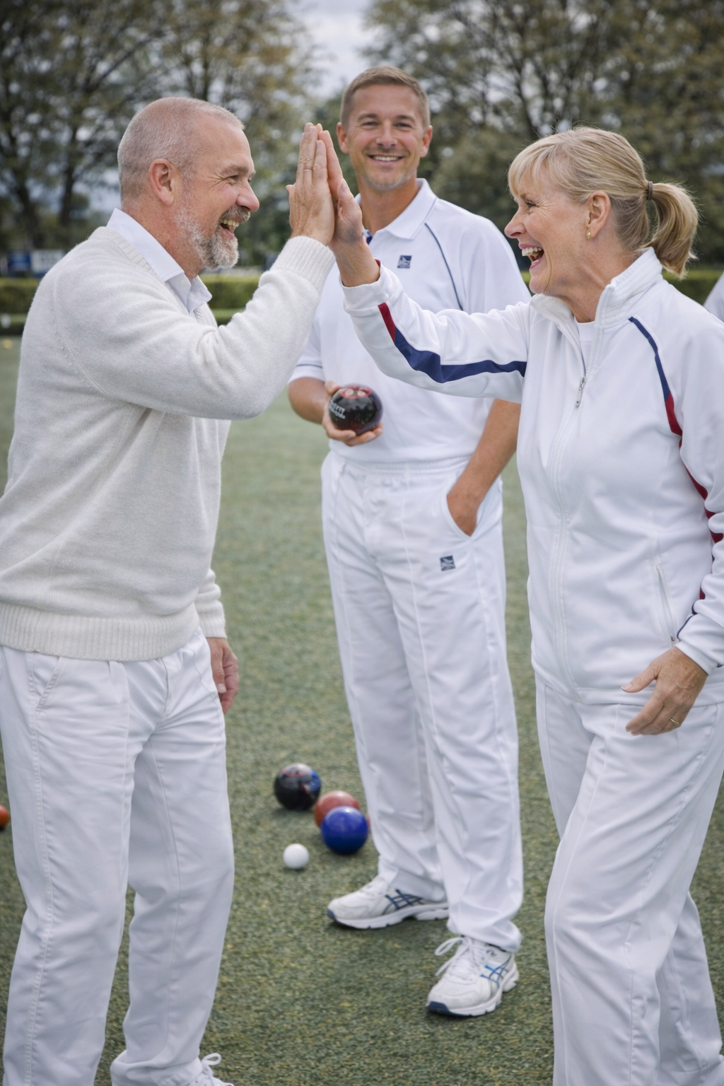 Two men and a woman in white outfits high-fiving on a grassy field with bowls in the background.