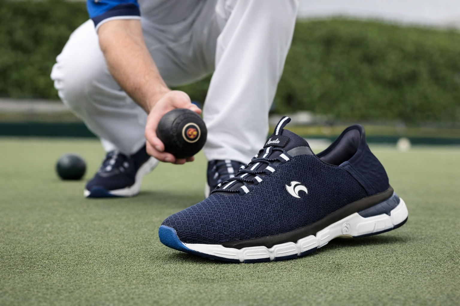 Person wearing navy blue athletic shoes with white soles on a sports field.