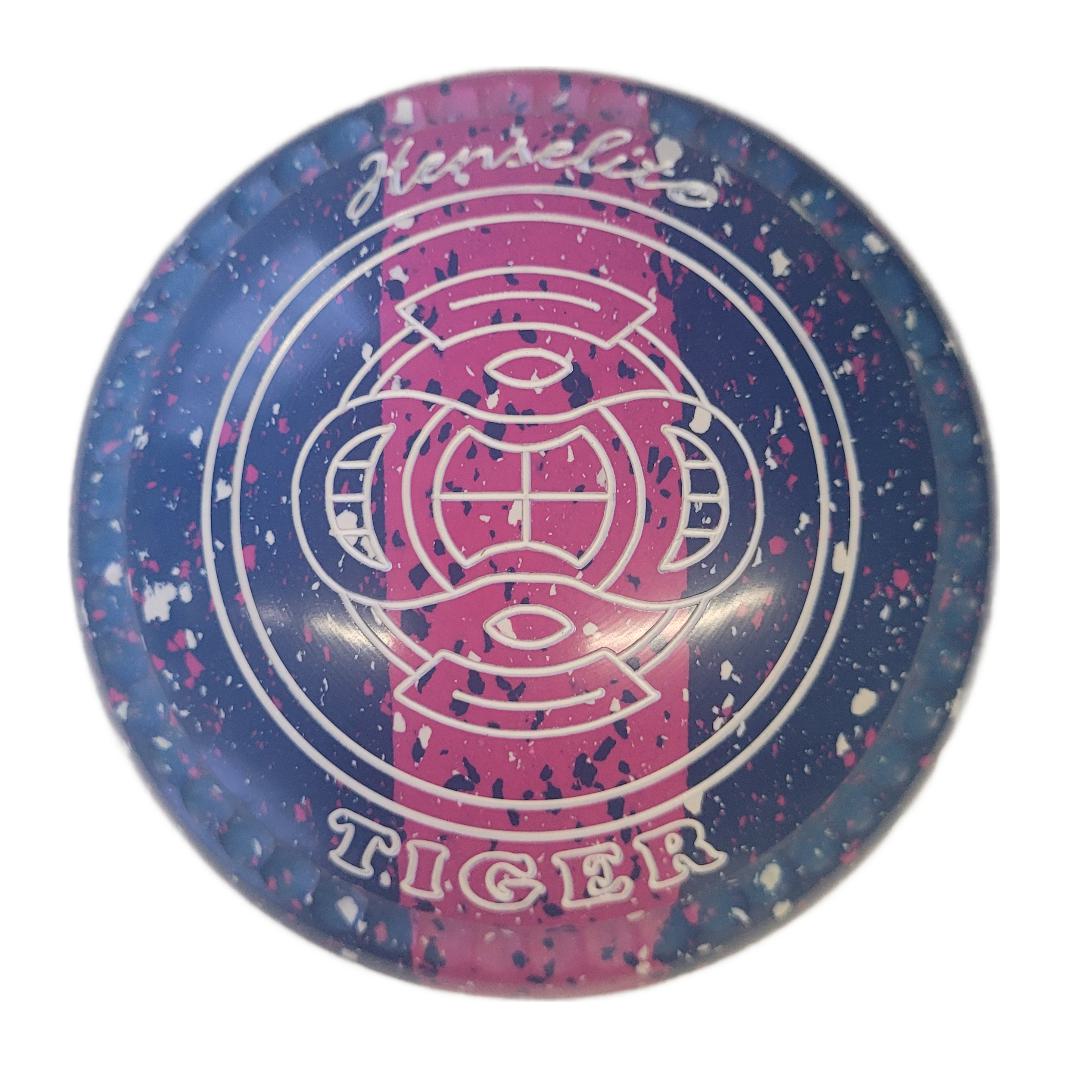 Round product with blue and pink design featuring 'Heneselite' and 'Tiger' text on a white background